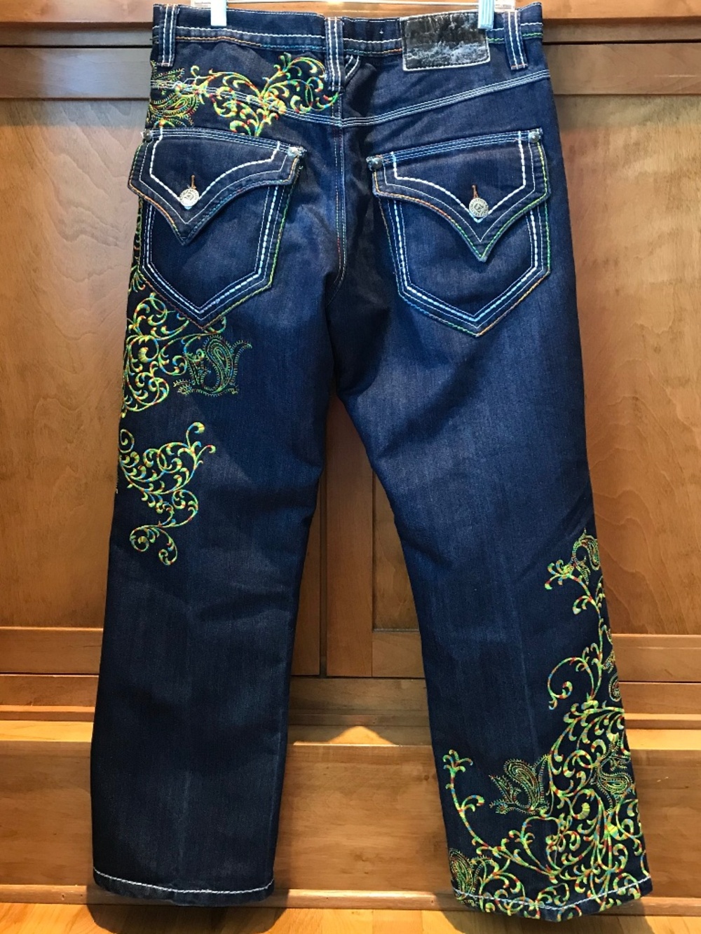 Y2K STATEMENT HEAVY EMBROIDERED RAINBOW BAGGY SKATER CYBER GRUNGE BLUE JEANS
